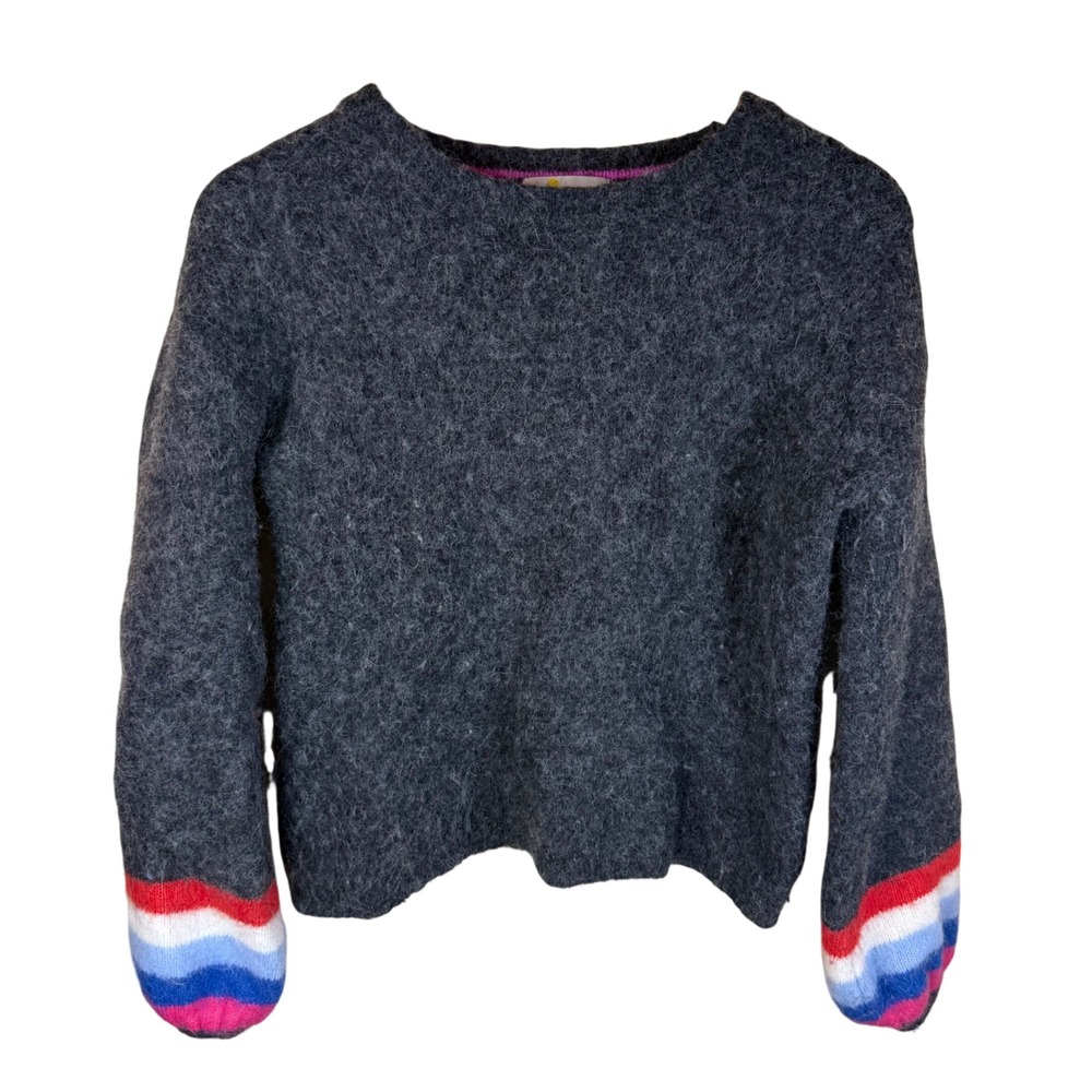 Boden Chunky Jumper Womens Sweater Rainbow Cuffs Charcoal Gray Knit Size 2 - Picture 2 of 6